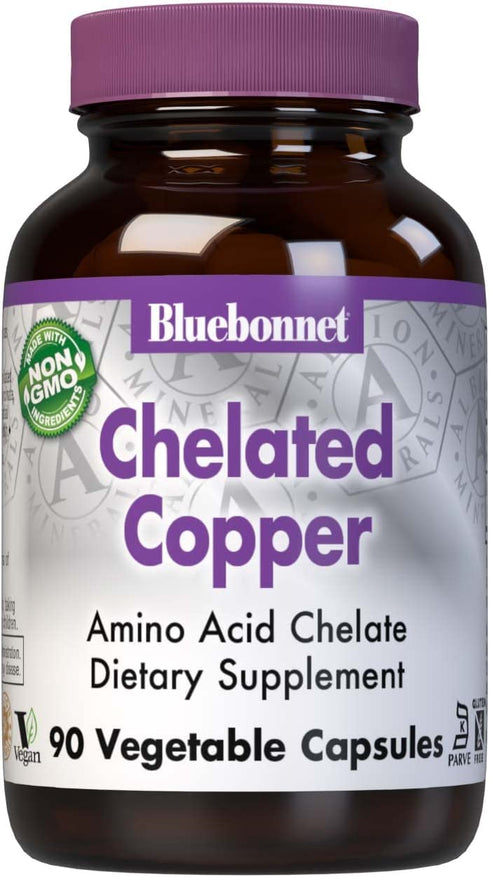 Bluebonnet Nutrition Albion Chelated Copper, 3 mg of Copper, For Nervous System & Immune Health*, Soy-Free, Gluten-Free, Non-GMO, Kosher Certified, Dairy-Free, Vegan, 90 Vegetable Capsule, 90 Servings