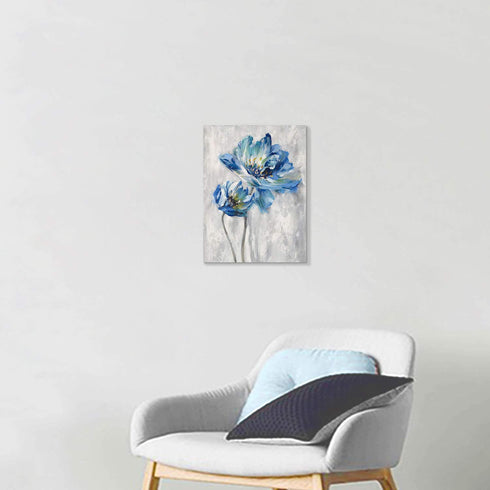 Flower Artwork Canvas Wall Art: Abstract Bright Blue Lotus Floral Picture Giclee Print on Canvas for Bathroom (12? x 16? x 1 Panel)