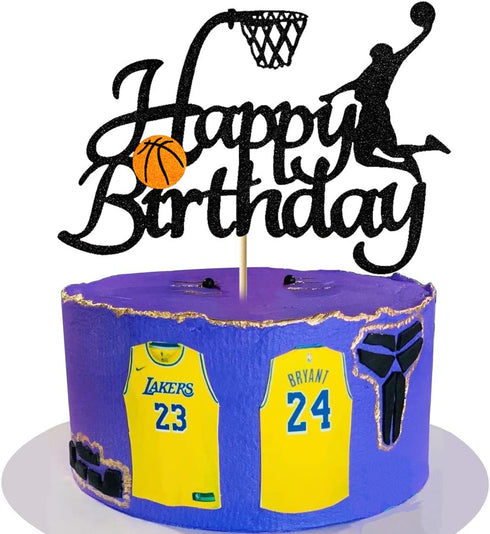 Vivicraft Basketball Theme Cake Topper for Boy Birthday Decorations, Double Sided Glittery Happy Birthday Basketball Cake Toppers for Party Supplies (1pcs, Black)