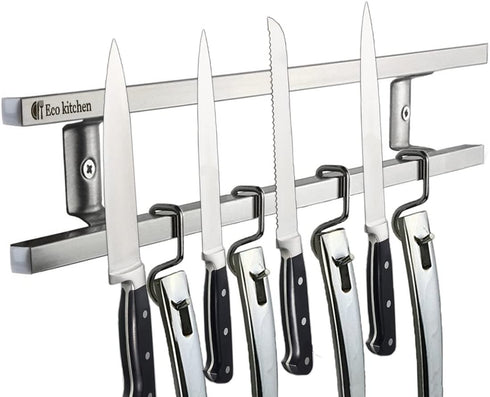 Magnetic Knife Holder for Wall - Metal Knife Magnetic Strip 12 Inch - Stainless Steel Knife Magnet Bar Rack With Hooks - Kitchen Utensil Holder and Knife Storage Holder
