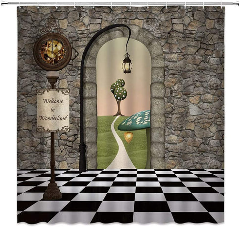 Xnichohe Fairy Tale Wonderland Shower Curtain Brave Girl Adventure Black White Floor Mushroom Lantern Clock Polyester Cloth Fabric Bathroom Curtains Decor Set with Hooks,70 x 70 Inches