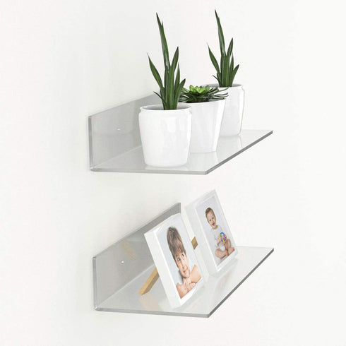 FEMELI Clear Acrylic Floating Wall Shelf for Figures Collections Plant Photo in Bedroom Living Room Office,Wall Mounted Storage Shelf 12 Inch,2 Pack