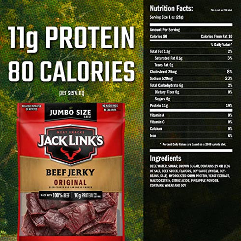 Jack Link's Beef Jerky, Original, 5.85 oz. Sharing Size Bag - Meat Snack, 11g of Protein, 80 Calories, Made with 100% Beef - 96% Fat Free, No Added MSG or Nitrates/Nitrites (Packaging May Vary)