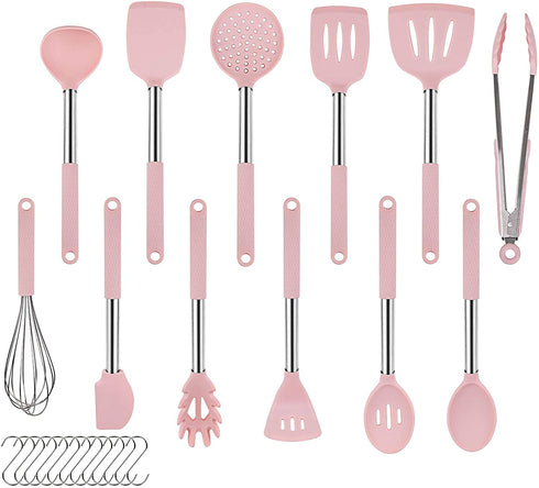 Rorence Kitchen Utensil Cooking Utensil Set for Baking Mixing: 12 Pieces Kitchen Gadgets Non-Stick & Heat Resistance Silicon and Stainless Steel Handles (Utensil Holder Not Included) - Pink