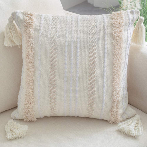 ToGeeKa Boho Woven Tufted Decorative Throw Pillow Covers, Soft Warm Woven Square Cushion Case with Tassels for Couch Sofa Bedroom Office Car, 20 x 20 inch (50 x 50 cm), Cream