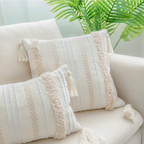 ToGeeKa Boho Woven Tufted Decorative Throw Pillow Covers, Soft Warm Woven Square Cushion Case with Tassels for Couch Sofa Bedroom Office Car, 20 x 20 inch (50 x 50 cm), Cream