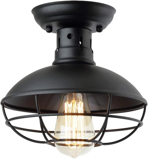 ZZ Joakoah Industrial Vintage Rustic Semi Flush Mount Ceiling Light, Metal Cage Pendant Lighting Lamp Fixture for Hallway Stairway Kitchen Garage Porch, E26, Black Painting Finish.