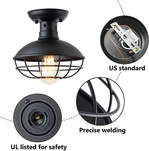 ZZ Joakoah Industrial Vintage Rustic Semi Flush Mount Ceiling Light, Metal Cage Pendant Lighting Lamp Fixture for Hallway Stairway Kitchen Garage Porch, E26, Black Painting Finish.