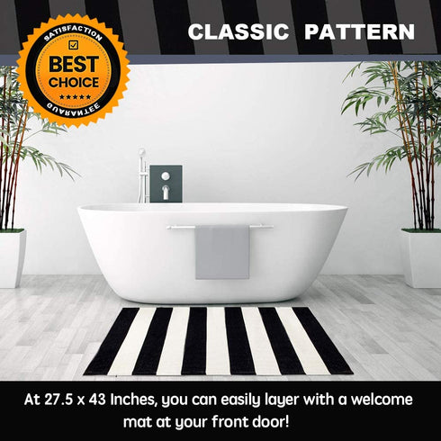 KaHouen Cotton Black and White Striped Rug ( 27.5 x 43 Inches ), Washable Hand-Woven Stripe Outdoor Front Door Mat for Layered Door Mats/Porch/Kitchen/Bathroom/Laundry Room.