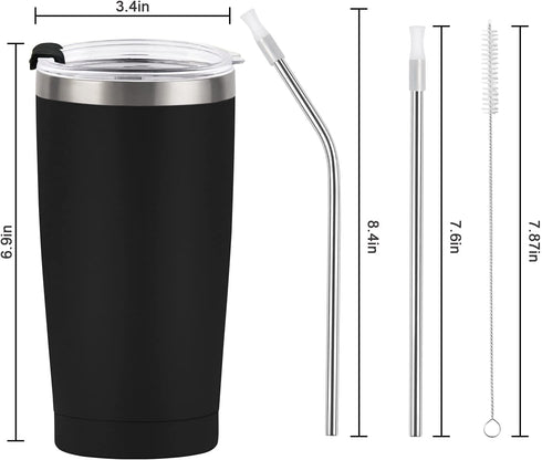 2 Pack Travel Tumblers, 20 Oz Stainless Steel Tumblers with Lids Straws, Vacuum Insulated Tumblers, Double Wall Travel Tumblers, Powder Coated Insulated Coffee Cup for Hot and Cold Drinks, Black
