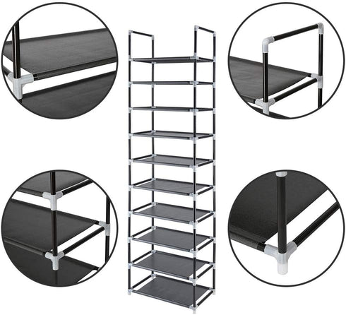 FORUP 10 Tiers Stackable Shoe Rack, Adjustable Shoe Storage Organizer Shelf, Non-Woven Fabric Shoe Tower Shelf (Black)