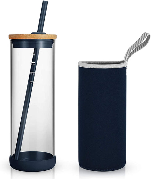 Tronco Iced Coffee Cup Glass Tumbler with Straw and Bamboo Lid|Wide Mouth Reusable Smoothie Cup with Straw and Insulator Sleeve|Borosilicate Glass Water Bottle with Lid|24oz