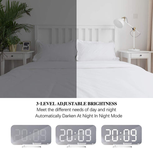 Miowachi Digital Alarm Clock,Large Mirrored LED Clock,Snooze,Dim Night Light 2 USB Charger Ports Desk Alarm Clocks for Bedroom Decor (White)