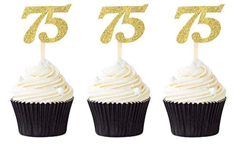 24 PCS Number 75 Cupcake Toppers Gold Glitter 75th Birthday Cupcake Picks Birthday Anniversary Party Decorations Supplies