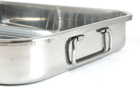 ExcelSteel Multiuse with Rack and Foldable Handles for Easy Storage Stainless Steel Roasting Pan, 12.5", Stainless
