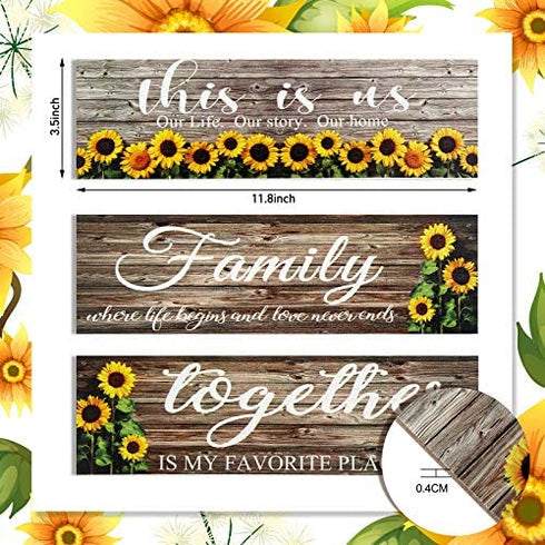 3 Pieces Sunflower Farmhouse Wall Decor Sunflower Wooden Sign Front Porch Decoration Sunflowers Kitchen Decor This is us Family Together Hanging 11.8 x 3.54 Inches Summer Wall Sign Decor for Bathroom