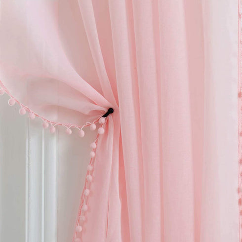 MISS SELECTEX Linen Look Pom Pom Tasseled Sheer Curtains - Rod Pocket Voile Semi-Sheer Curtains for Living and Bedroom, Set of 2 Curtain Panels (42 x 95 inch, Baby Pink)