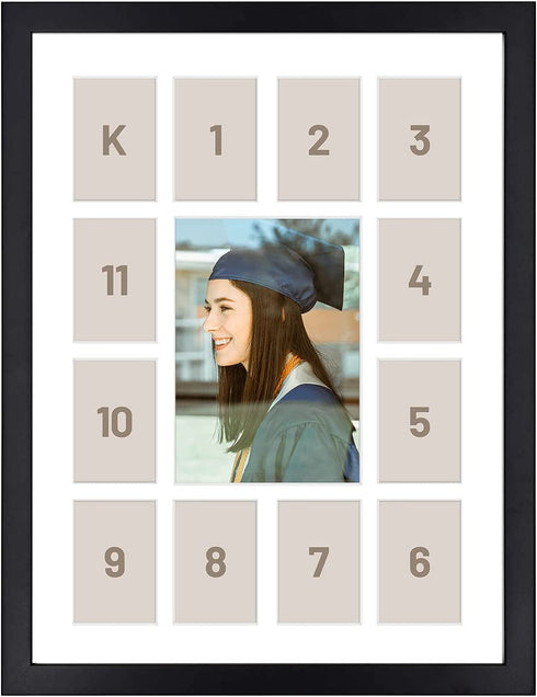 12x16 Black Wood Frame - 13 Opening White Mat - Displays One 5x7 Photo and Twelve 2.5x3.5 Pictures - Collage Frame - Real Glass, Sawtooth Hangers, Swivel Tabs - Wall Mounting, Landscape, Portrait