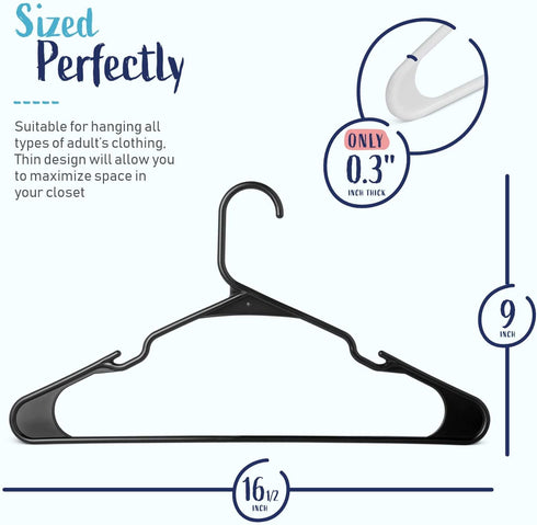 Black Standard Plastic Hangers, Notched, Set of 20 Durable and Slim, Notched, Made in The USA (Black, 20 Pack), Closet Organizer, Pants Hangers