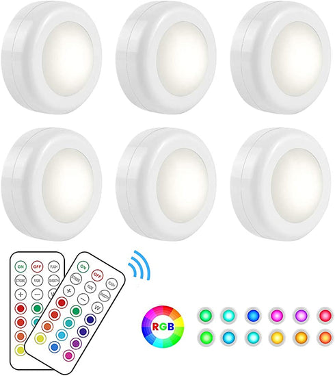 Wireless LED Puck Light 6 Pack with 2 Remote Control, RGB Color Changing & Dimmable LED Under Cabinet Lighting, Battery Powered Closet Lights for Kitchen, Stick On Lights-Small Size 3xAAA Battery