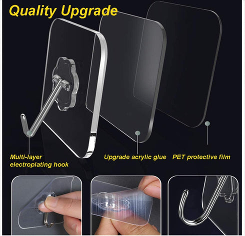 Adhesive Hooks, Transparent Reusable Utility Hooks Heavy Duty Wall Hooks 13lb(Max) Seamless Hooks Waterproof and Oil Proof for Kitchen Bathroom and Kitchen (50)