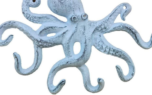 Rustic Dark Blue Whitewashed Cast Iron Octopus Hook 11 Inch - Decorative Hook - Sealife Metal Wall Hook