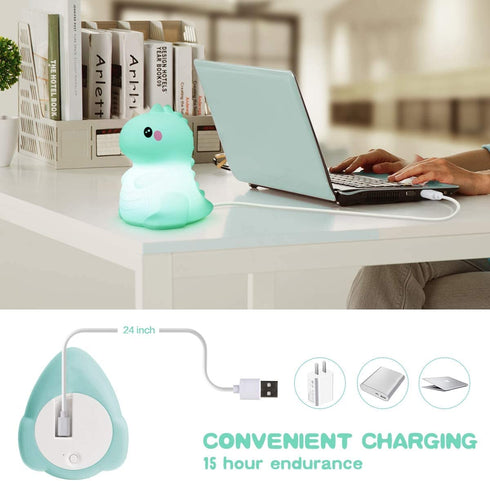 Dinosaur Kids Night Lights -USB Rechargeable Animal Silicone Lamps with Touch Sensor and Remote Control -Portable Color Changing Glow Soft Cute Baby Infant Toddler Gift - (Green)