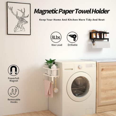 Magnetic Paper Towel Holder for Refrigerator,2-in-1 Foldable Magnetic Shelf Wall Mount Towel Rack with Hooks,Magnetic Spice Rack,Refrigerator Organizer for Kitchen (Black)