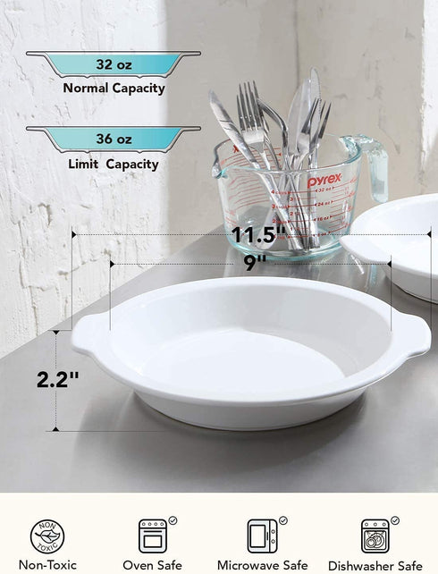 LE TAUCI Ceramic Pie Pan, 9 inch Baking Plates with handles, Deep Pie Dish for Apple Pie, Pecan Pie, 36 Ounce, Set of 2 -White