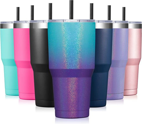ALOUFEA 30oz Stainless Steel Ombre Glitter Tumbler, Insulated Coffee Tumbler Cup with Lid and Straw, Double Walled Travel Coffee Mug for Hot & Cold Drinks (Glitter Lightning, 1 Pack)