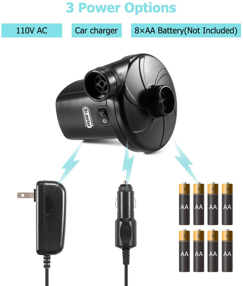 Electric Air Pump for Mattress: Battery Powered Portable Air Pump with 3-Nozzle - Dr.meter AC 110V and DC 12V Operated Quick-fill Inflator Deflator for Inflatable Pool Raft Bed Boat Swimming Rings