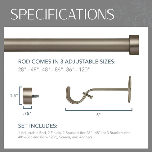 Elrene Home Fashions Serena Single Curtain Rod for Curtains and Drapery with Contemporary Cap Finials, 1-Inch Diameter, 48" - 86" Adjustable Rod, Polished Nickel