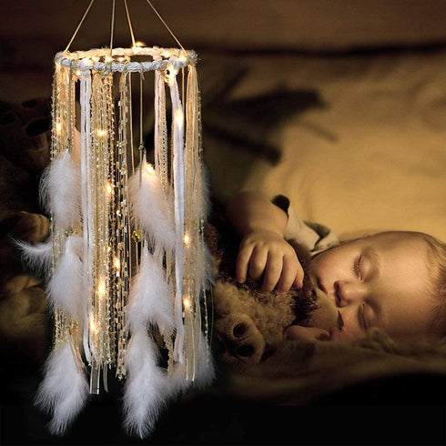 Dream Catcher Mobile Large Light Up Dream Catchers with Golden Shining Lace& Bells LED Fairy Lights Battery Powered Hanging Ornaments- 7.9Wx 22L Inches Feathers Wedding Boho Decorations Nursery Decor
