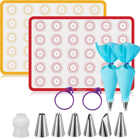 Silicone Baking Mat Macaron Baking Kit, Macaroon Baking Mat Set of 2 Half Sheet Nonstick Baking Mats, 6 Piping Tip, 2 Piping Bag and 2 Tie - Reusable Nonstick Liners for Baking Pans(16.5"x11.6")