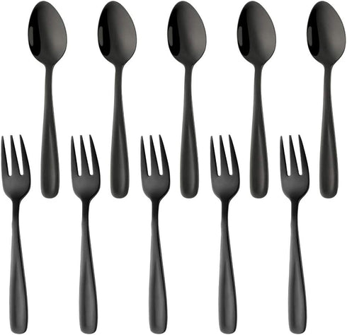 Color ME 5.4 inch Black Coffee Spoons and Cake Fork Set, 10 pcs Stainless Steel Teaspoons Dessert Forks Set