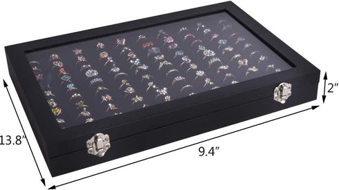 Autoark Velvet Stackable Clear Lid 100 Slots Jewelry Ring Box Showcase Display Organizer,Black,AJ-081