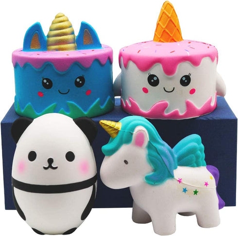 Yoaushy Squishies Slow Rising Toy Set Jumbo Unicorn Cake Horse Panda Egg Soft Cute Hop Props Stress Relieve Sensory Toy for Boys and Girls(4 Packs)