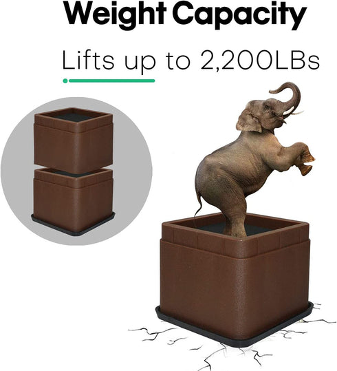 aspeike 3 or 6 INCH Bed and Furniture Risers Set of 4, Durable and Stackable Square Bed Lifts - Lifts Up to 2200 LBs (A Large Area of Groove with Anti Slip Mat) Pack of 4, Brown