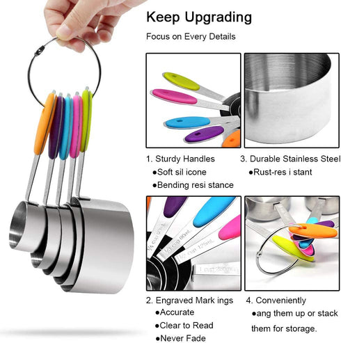 Sunnyac 12 Pieces Measuring Cups and Spoons Set, Including 5 Stackable Stainless Steel Measuring Cups, 6 Double Sided Magnetic Measuring Spoons and 1 Metal Plate for Dry and Liquid Ingredients
