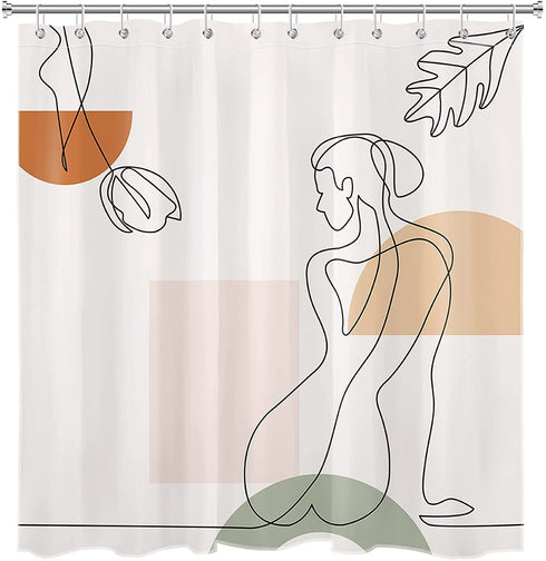 HVEST Boho Mid Century Shower Curtain for Bathroom Decor, Shapes Line Abstract Girl Shower Curtain with Hooks Modern Minimalist Art Aesthetics Polyester Waterproof Fabric Bath Accessories, 72X72Inches
