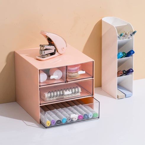 Comix Desk Organizer with Drawer, Desk Storage Box with 4 drawers, Plastic Office Stationery Supplies Organizers, Desktop Organizer for Office School Home (Pink)