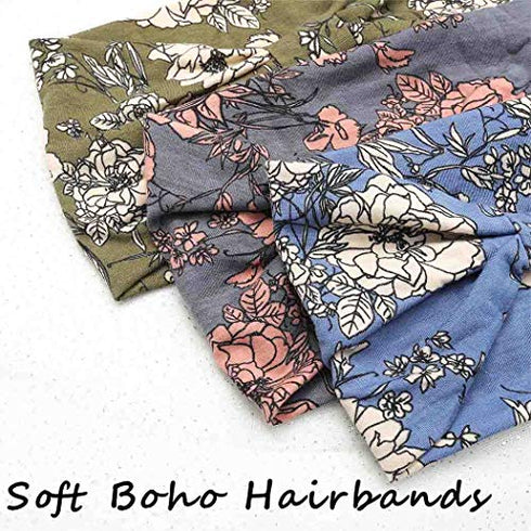 Aceorna Boho Bandeau Headbands Wide Knot Hair Scarf Floral Printed Hair Band Elastic Turban Thick Head Wrap Stretch Fabric Cotton Head Bands Thick Fashion Hair Accessories for Women Pack of 3 (Boho)