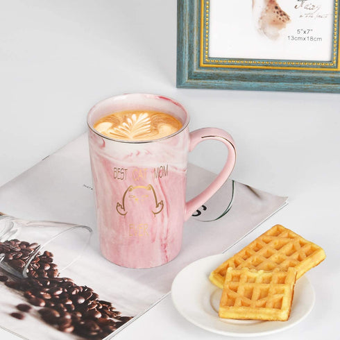 Mom Coffee Mug Best Cat Mom Ever Funny Coffee Mug for Cat Lovers Mom Best Mothers Day Birthday Gifts for Mom from Daughter or Son 14 Oz Pink with Box Packing Spoon Coaster