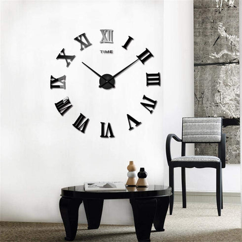 Mila 3D Frameless Wall Clock Large DIY Wall Sticker Decorations for Living Room Bedroom Office (Black)
