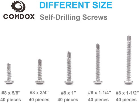 Comdox 410 Stainless Steel Self Drilling Screws Kit Set, Pan Head Phillips Sheet Metal Tek Screws Assortment Kit, Modified Truss Head, 8-18 Thread Size, 5/8" to 1-1/2" Length (Pack of 200)