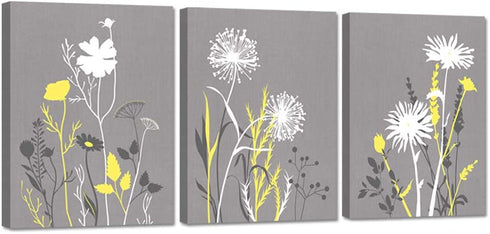 Zlove 3 Pieces Yellow Grey White Bathroom Wall Art Simple Life Bath Flower Leaves Art Print on Canvas Stretched and Framed for Modern Home Decor Ready to Hang 12x16inchx3pcs