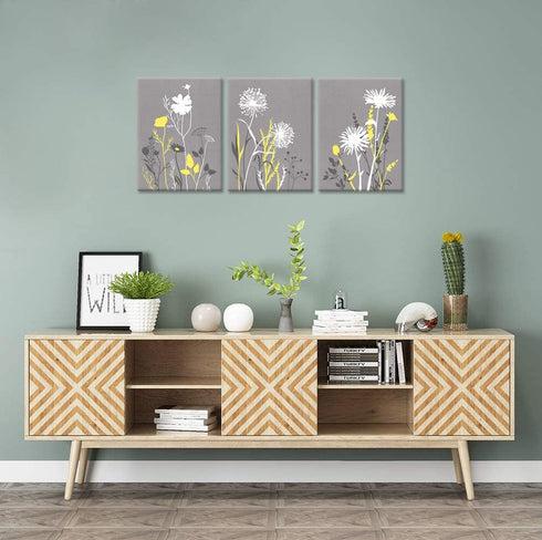 Zlove 3 Pieces Yellow Grey White Bathroom Wall Art Simple Life Bath Flower Leaves Art Print on Canvas Stretched and Framed for Modern Home Decor Ready to Hang 12x16inchx3pcs