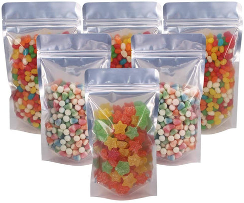 Belinlen 100 Pack 5.5 x 10 Inch Stand Up Pouch Bags Zipper Mylar Bags Clear Front with Aluminum Foil Back Reusable Food Storage Bags for Multipurpose with Gusset Bottom(5.5mil Thickness)