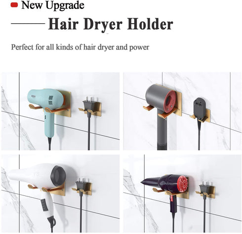 XIGOO Adhesive Hair Dryer Holder - Stick on Wall or Wall Mount Bathroom Hair Blow Dryer Rack Organizer Compatible with Dyson Supersonic Hair Dryers (Gold)