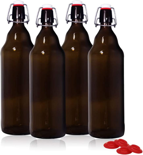 YEBODA 32 oz Amber Glass Beer Bottles for Home Brewing with Flip Caps, Case of 4